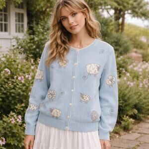 Pendleton Portland, Oregon VTG Women’s SZ XL 100% Cotton Sheep Cardigan Blue